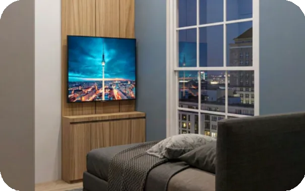 Interior kamar tidur rumah Cakrawala Nawasena dengan lemari built-in dan jendela kaca besar